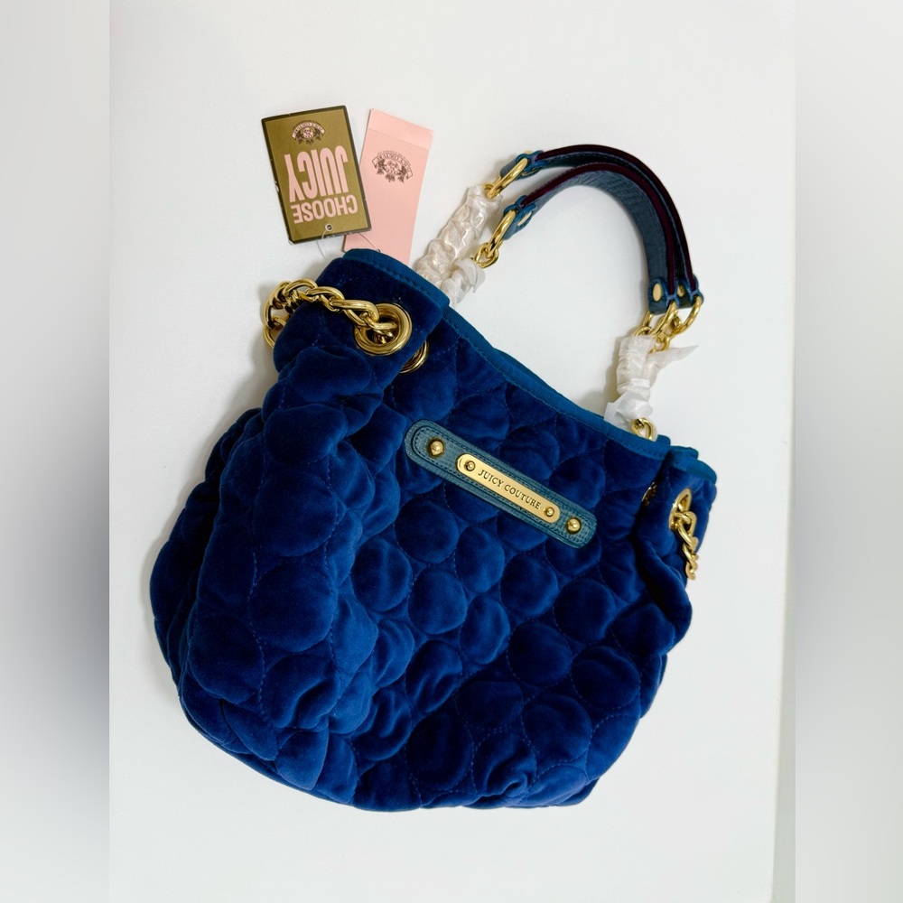 Juicy Couture Y2K Navy Velour Bubble Quilted Satchel Gold Chain NWT - Picture 9 of 12